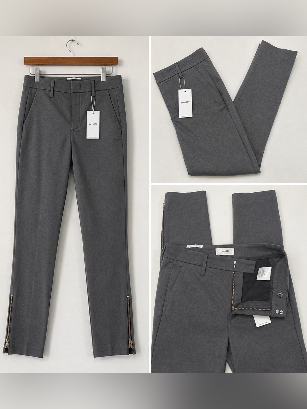 Level 99 Francis Lacey Double Welt Zip Trouser Grey Ankle Zipper Dress Pant S 27